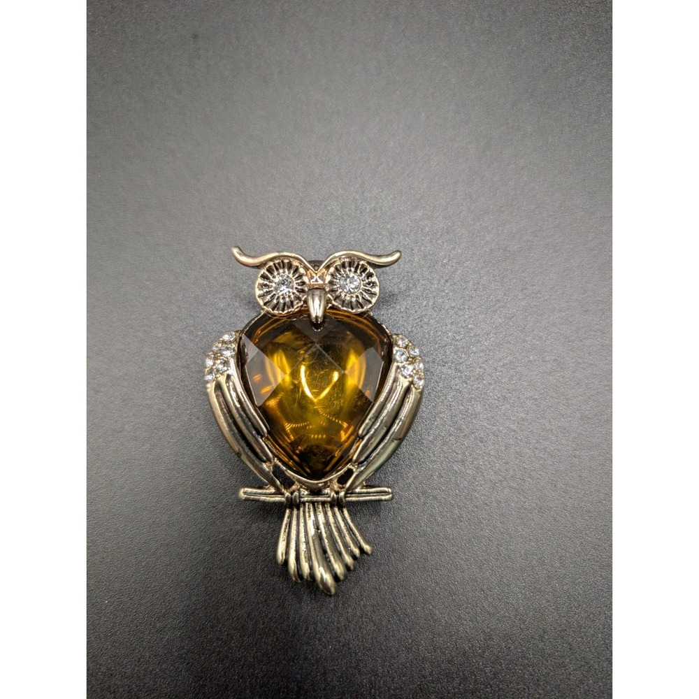 Vintage Napier Owl Brooch Pin Amber Faceted Rhinestone Gold Tone Figural Bird